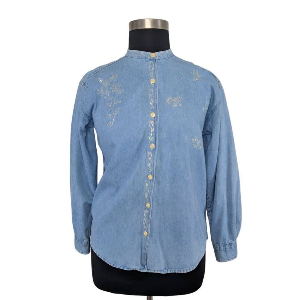 Bill Blass L Denim Chambray Button Down Jean Top 80s VTG Puff Paint Western